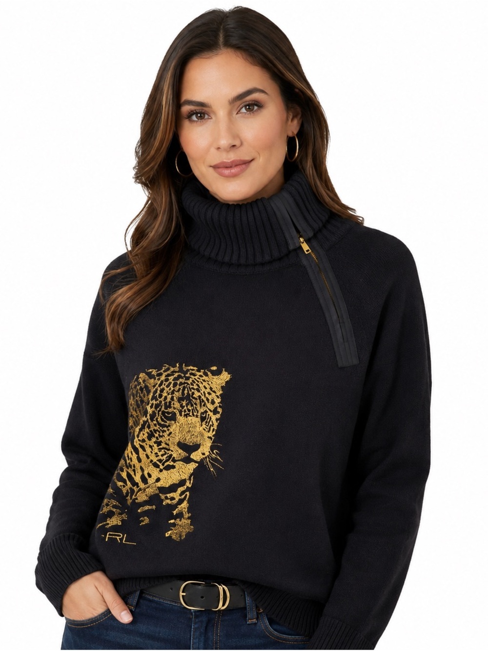 Lauren Ralph Lauren Women’s XL Black Turtleneck Sweater Leopard Graphic Zip Neck